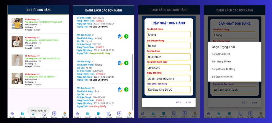 (ANDROID JAVA + SQLITE + BÁO CÁO WORD) App bán quần áo android java có quản trị và người dùng, đánh giá sản phẩm sau khi mua, đặt hàng, tiến trình thực hiện đơn hàng, các chức năng thêm, sửa, xóa