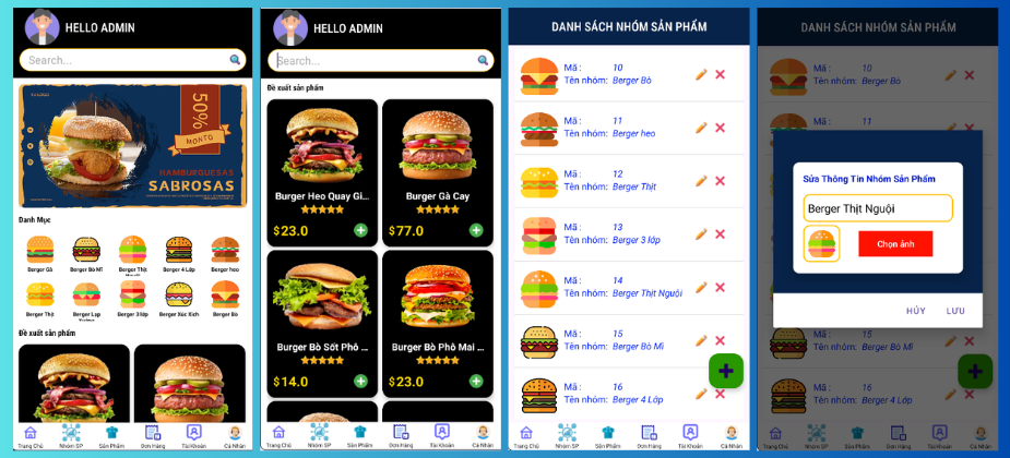 (ANDROID JAVA + SQLITE + BÁO CÁO WORD) App đặt đồ ăn HAMBERGER android có quản trị và người dùng, đánh giá sản phẩm sau khi mua, đặt hàng, tiến trình thực hiện đơn hàng, các chức năng. thêm, sửa, xóa