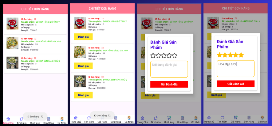 (ANDROID JAVA + SQLITE + BÁO CÁO WORD) App bán hoa tươi android java có quản trị và người dùng, đánh giá sản phẩm sau khi mua, đặt hàng, tiến trình thực hiện đơn hàng, các chức năng thêm, sửa, xóa