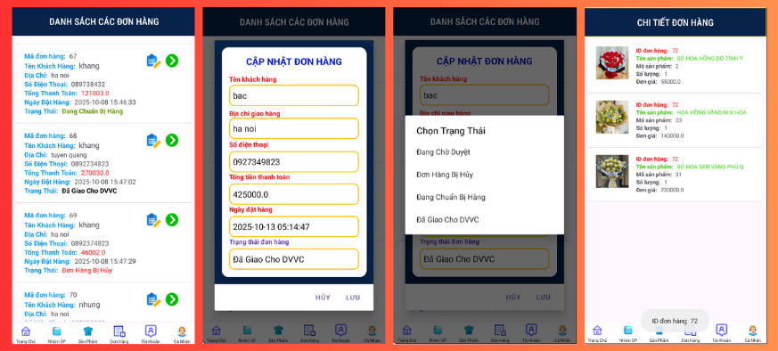 (ANDROID JAVA + SQLITE + BÁO CÁO WORD) App bán hoa tươi android java có quản trị và người dùng, đánh giá sản phẩm sau khi mua, đặt hàng, tiến trình thực hiện đơn hàng, các chức năng thêm, sửa, xóa