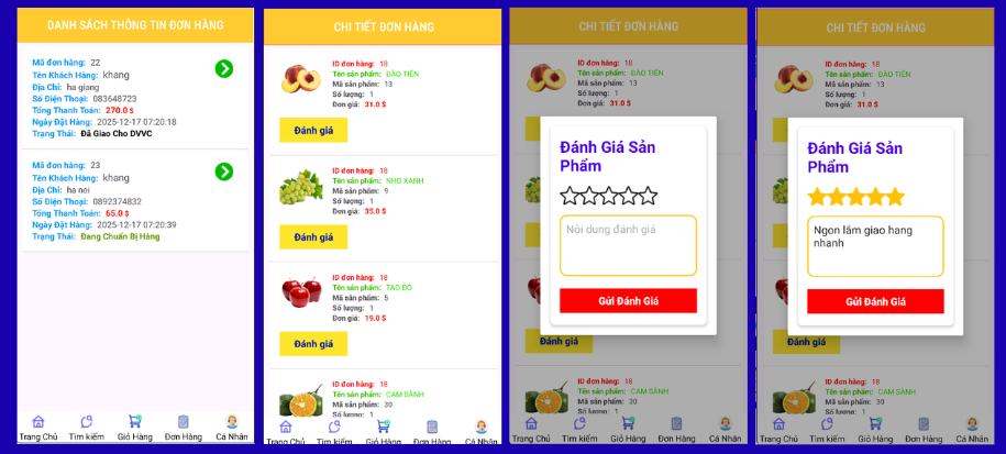 (ANDROID JAVA + SQLITE + BÁO CÁO WORD) App bán trái cây android có quản trị và người dùng, đánh giá sản phẩm sau khi mua, đặt hàng, tiến trình thực hiện đơn hàng, các chức năng. thêm, sửa, xóa