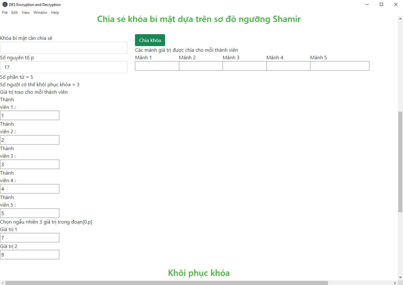 Source code Chia sẻ khóa bí mật dựa trên sơ đồ ngưỡng Shamir + mã hóa và giải mã Des