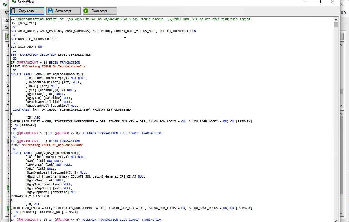 Source code đồng bộ cấu trúc database SQL