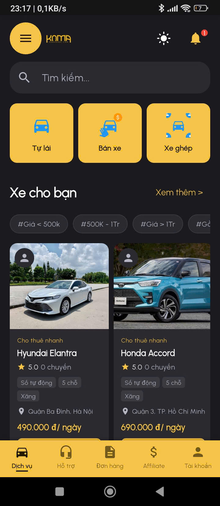 App mobile cho thuê xe và bán xe oto, xe máy,...