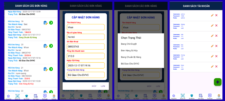(ANDROID JAVA + SQLITE + BÁO CÁO WORD) App bán trái cây android có quản trị và người dùng, đánh giá sản phẩm sau khi mua, đặt hàng, tiến trình thực hiện đơn hàng, các chức năng. thêm, sửa, xóa