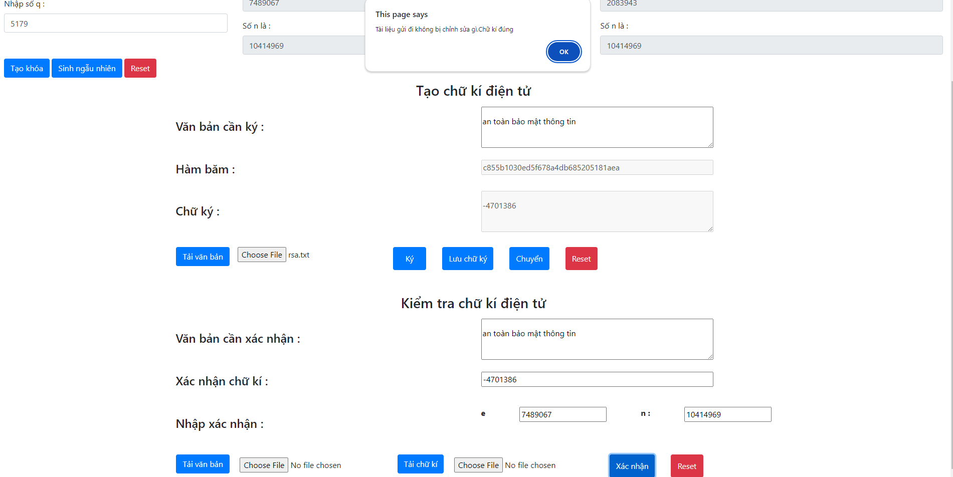 BTL demo Chương trình chữ ký số RSA bằng javascript