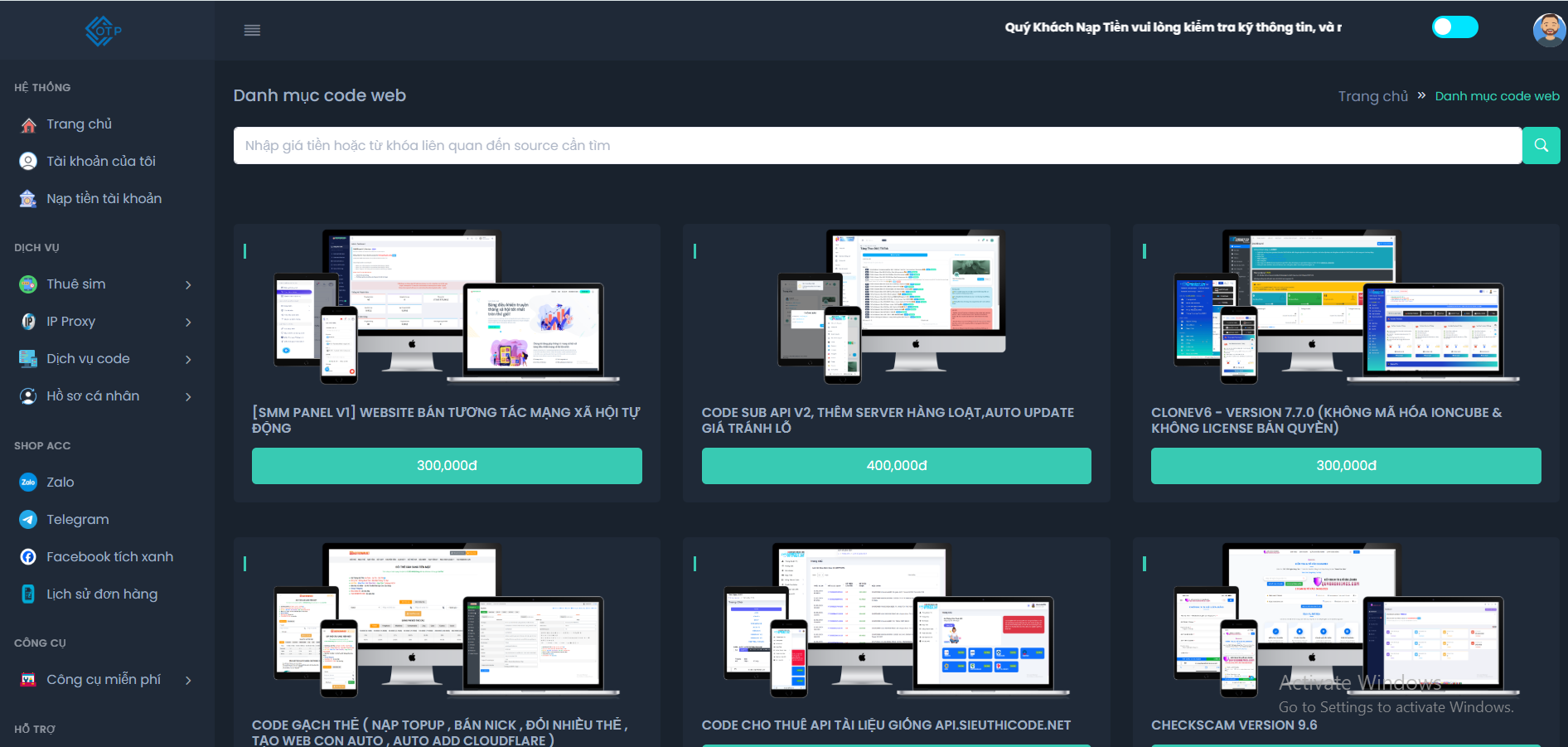 Full Source code web thuê sim, bán proxy, bán mã nguồn đủ tính năng