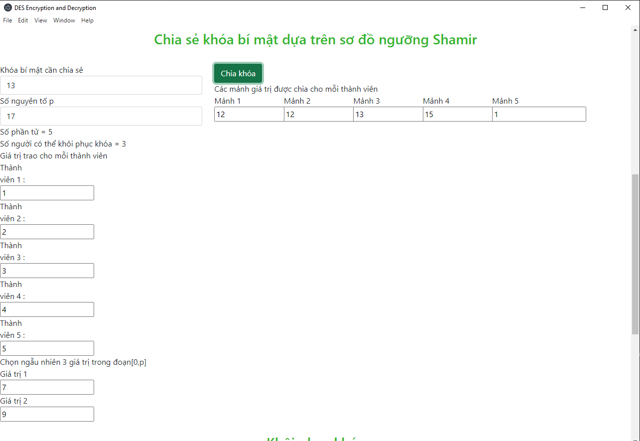 Source code Chia sẻ khóa bí mật dựa trên sơ đồ ngưỡng Shamir + mã hóa và giải mã Des