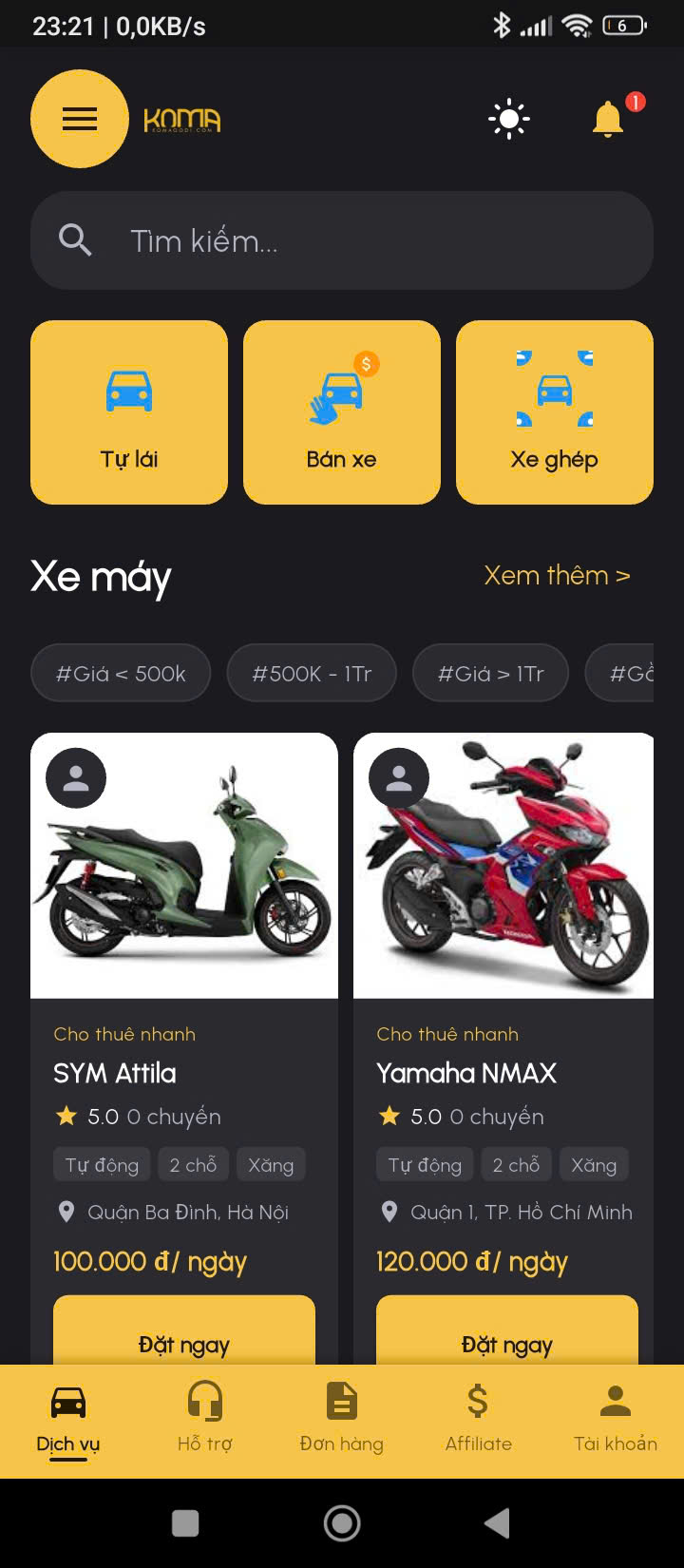 App mobile cho thuê xe và bán xe oto, xe máy,...