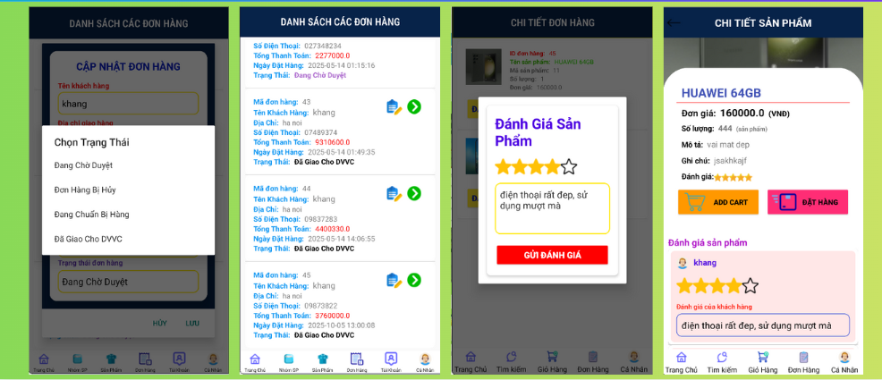 (ANDROID JAVA + SQLITE + BÁO CÁO WORD) App bán điện thoại android java có quản trị và người dùng, đánh giá sản phẩm sau khi mua, đặt hàng, tiến trình thực hiện đơn hàng, các chức năng thêm, sửa, xóa