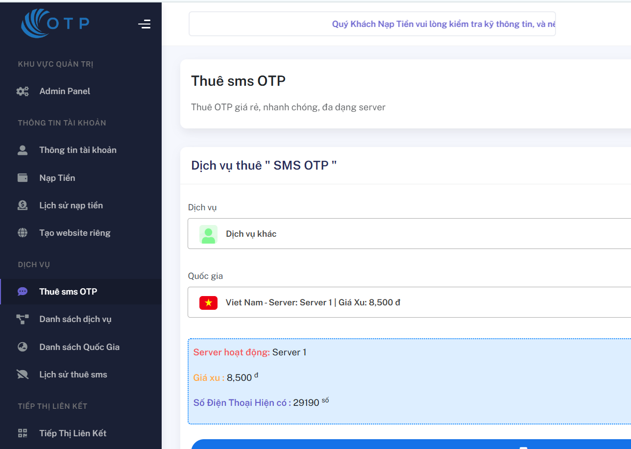 Full Source Code Cho Thuê Sim Nhận Mã Code OTP - Đầy đủ chức năng API
