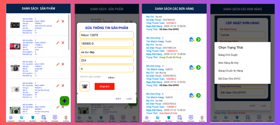(ANDROID JAVA + SQLITE + BÁO CÁO WORD) App bán máy ảnh camera android có quản trị và người dùng, đánh giá sản phẩm sau khi mua, đặt hàng, tiến trình thực hiện đơn hàng, các chức năng thêm, sửa, xóa