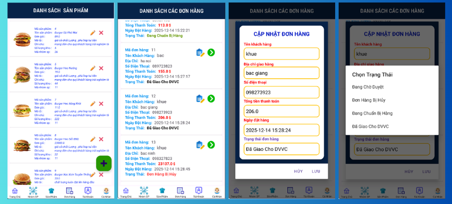 (ANDROID JAVA + SQLITE + BÁO CÁO WORD) App đặt đồ ăn HAMBERGER android có quản trị và người dùng, đánh giá sản phẩm sau khi mua, đặt hàng, tiến trình thực hiện đơn hàng, các chức năng. thêm, sửa, xóa