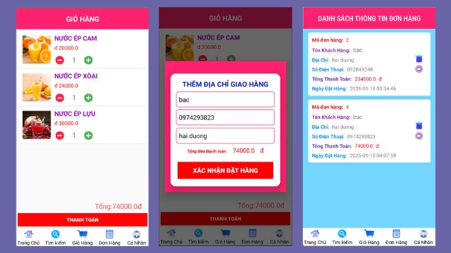 (ANDROID JAVA + SQLITE + BÁO CÁO WORD ) App đặt hàng nước ép trái cây android có đầy đủ chức năng quản trị và đặt hàng, thanh toán.