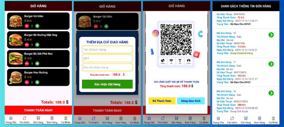 (ANDROID JAVA + SQLITE + BÁO CÁO WORD) App đặt đồ ăn HAMBERGER android có quản trị và người dùng, đánh giá sản phẩm sau khi mua, đặt hàng, tiến trình thực hiện đơn hàng, các chức năng. thêm, sửa, xóa