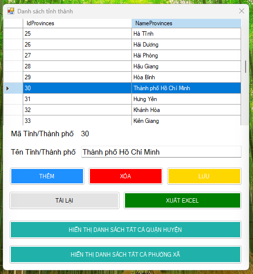 Phần mềm quản lý database 63 tỉnh thành Việt Nam