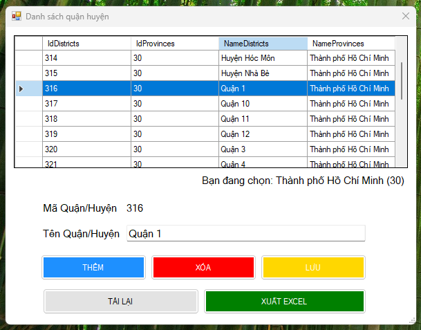 Phần mềm quản lý database 63 tỉnh thành Việt Nam