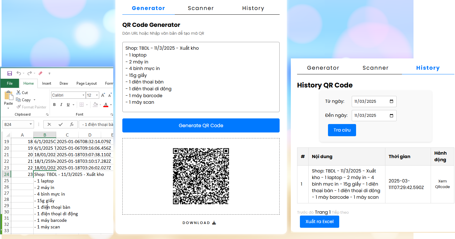 Tools QRCode tạo, đọc, xem lịch sử, tải file QRCode, xuất Excel