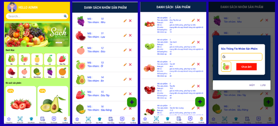 (ANDROID JAVA + SQLITE + BÁO CÁO WORD) App bán trái cây android có quản trị và người dùng, đánh giá sản phẩm sau khi mua, đặt hàng, tiến trình thực hiện đơn hàng, các chức năng. thêm, sửa, xóa