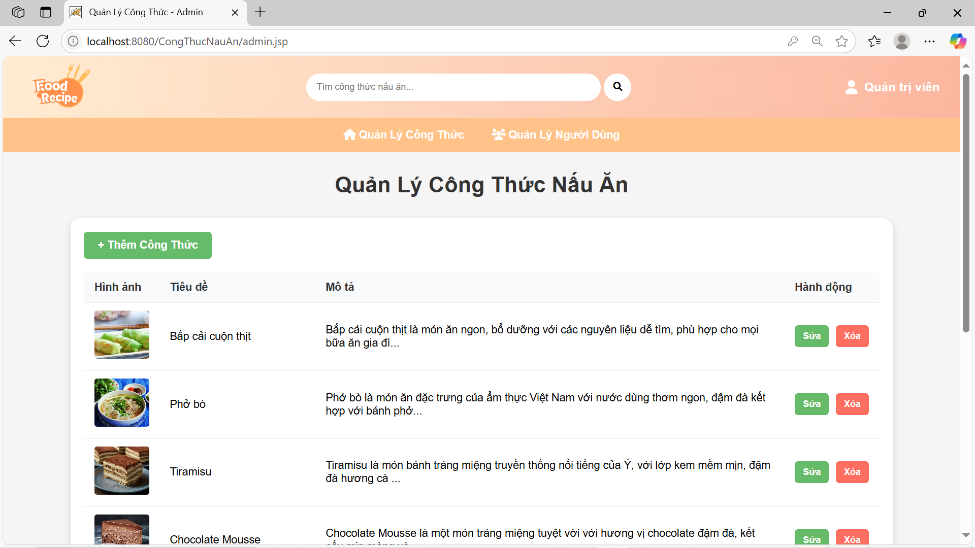 Source code website giới thiệu công thức nấu ăn java JSP Servlet